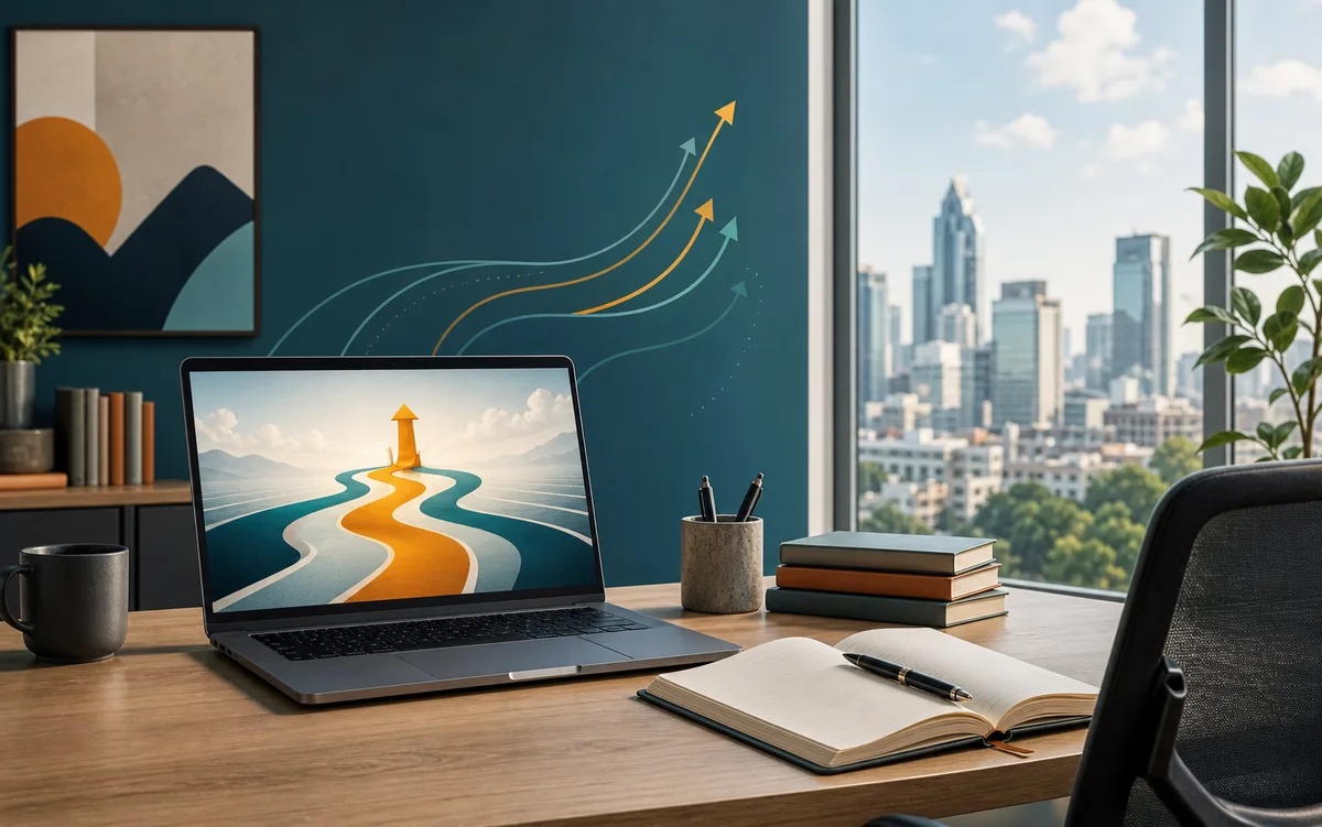Career planning workspace with a laptop and upward growth arrows.