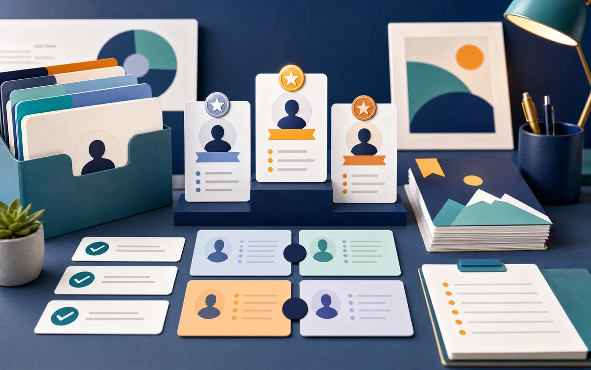 Organized ranking and comparison cards arranged on a desk.