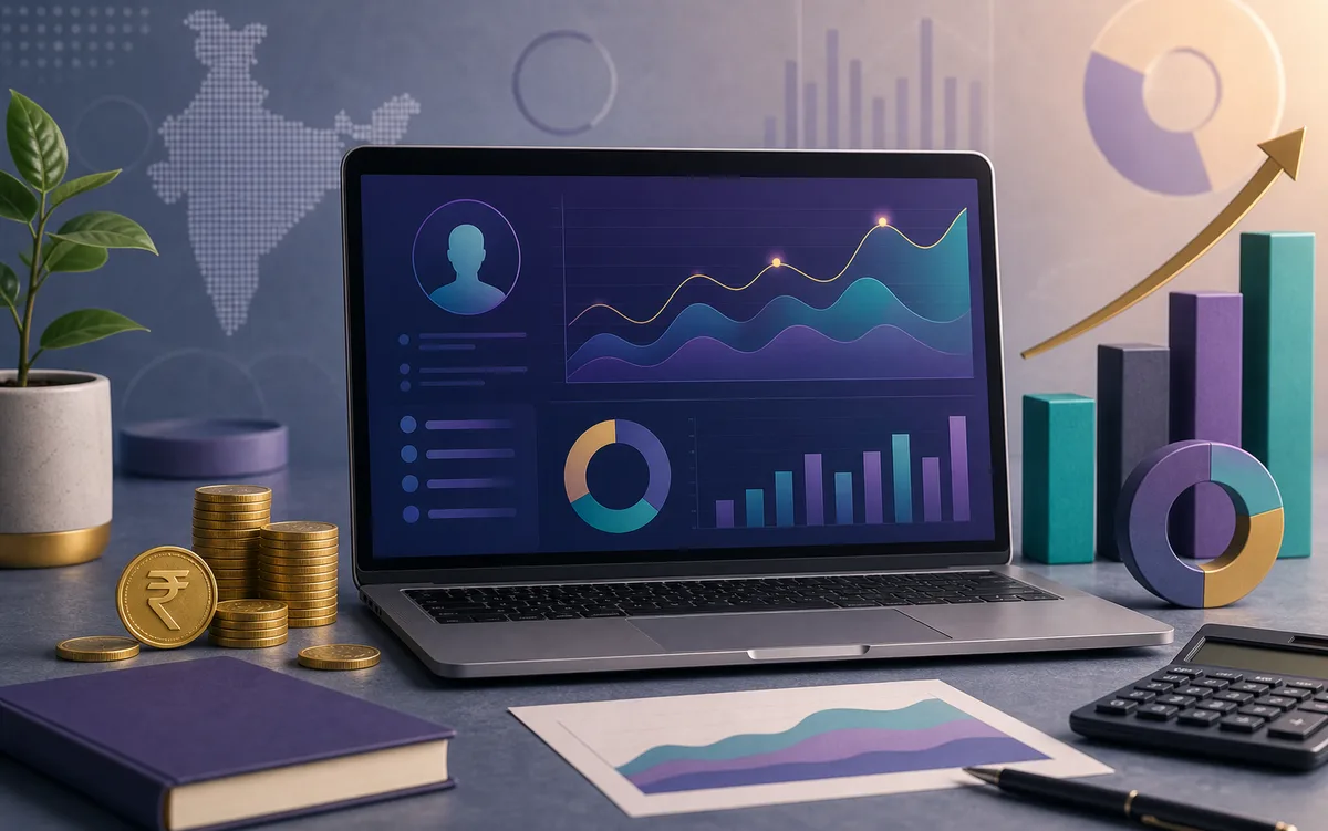 Compensation analytics workspace with charts, calculator, and rupee coins.