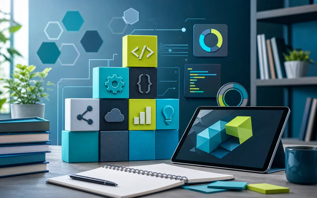 Upskilling workspace with modular blocks, learning symbols, and a tablet.