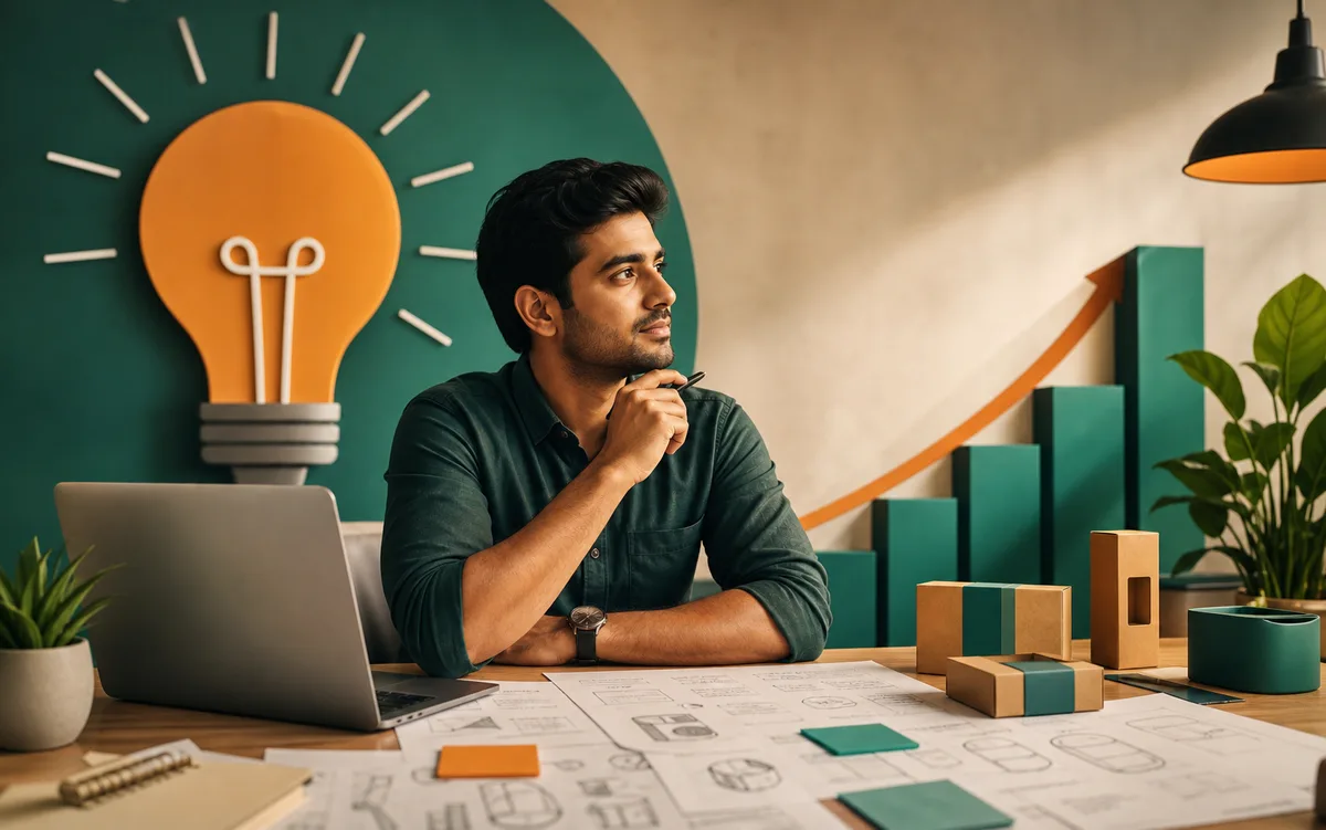 Founder planning startup ideas with prototypes, charts, and a laptop.